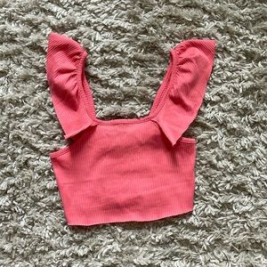 Zara- Crop Ribbed Tank Top with Flutter Sleeve- Coral